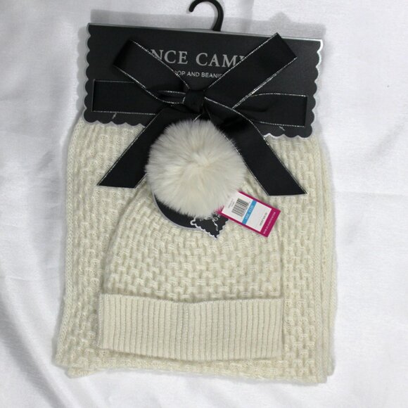 Vince Camuto Ivory Beanie & Scarf Set Faux Fur Pom One Size Winter Gift Set NWT - Picture 1 of 5